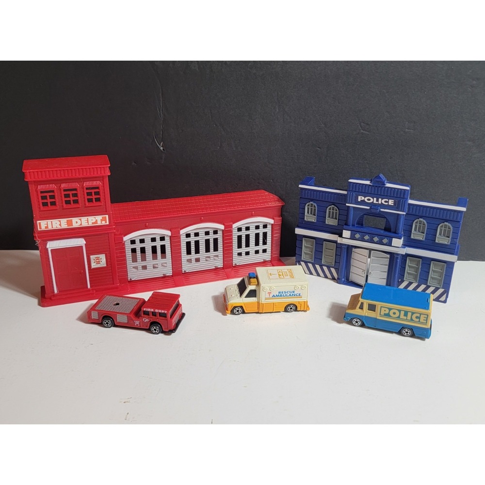 Vintage 1970s Fire Police Station Toy Lot with Vehicles Micro Machines Style